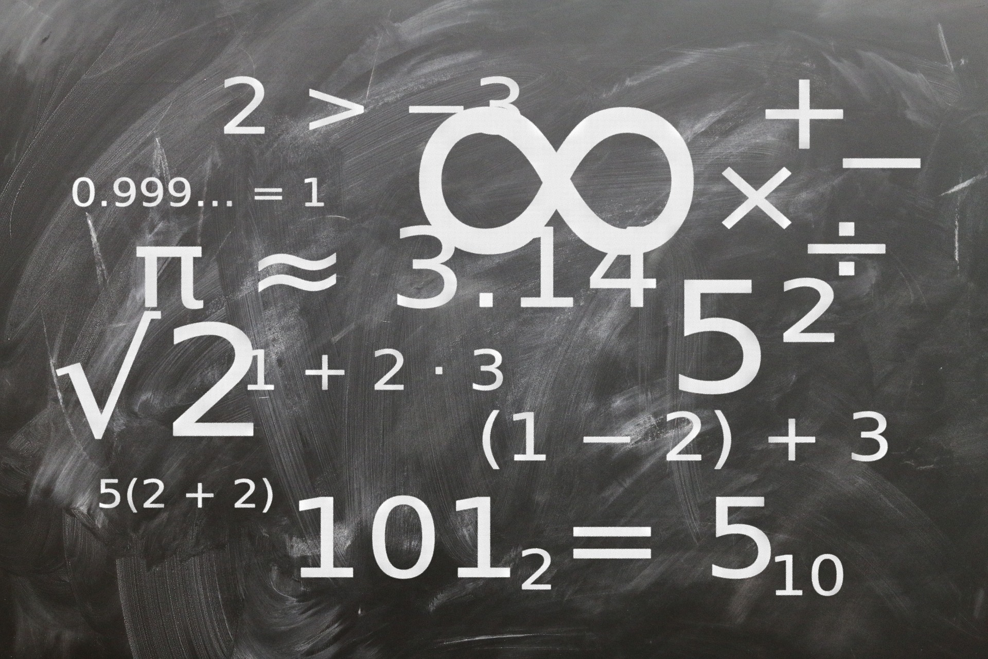Numbers, mathematical expression, and infinity symbol on black chalkboard