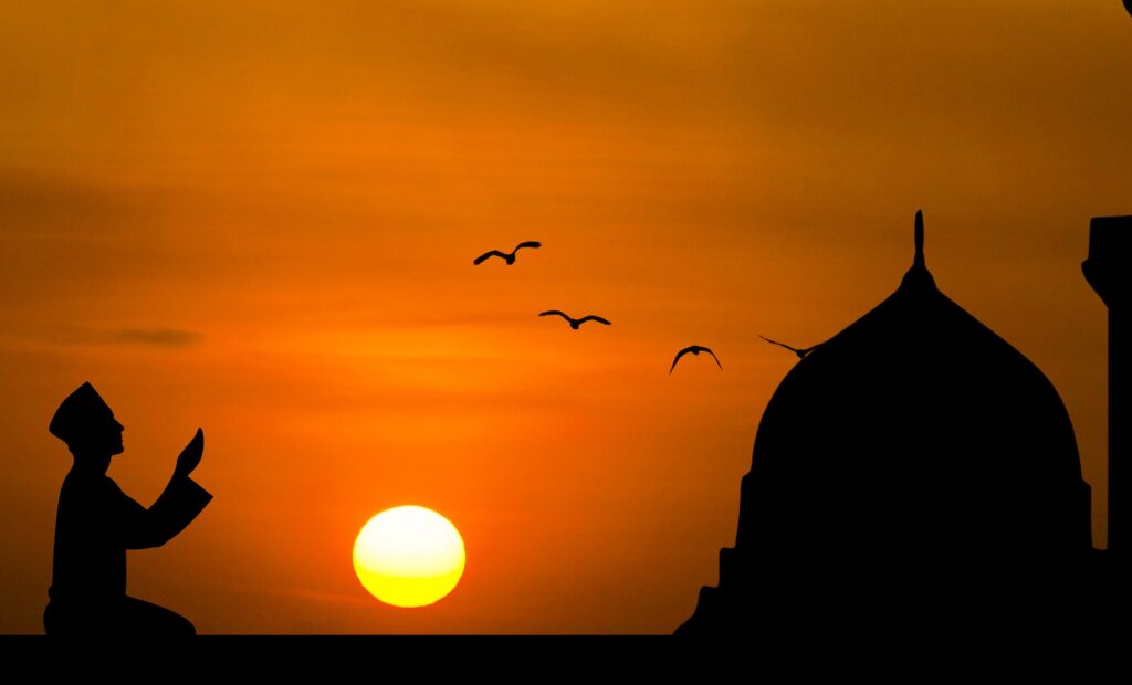 Mosque against a sunset backdrop