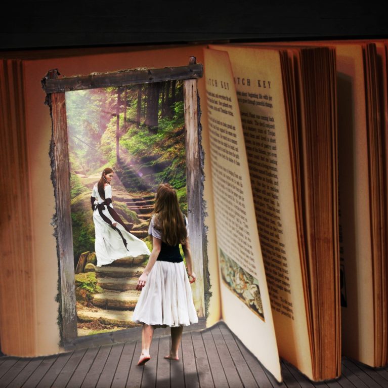 Young girl sees herself entering the pages of a book