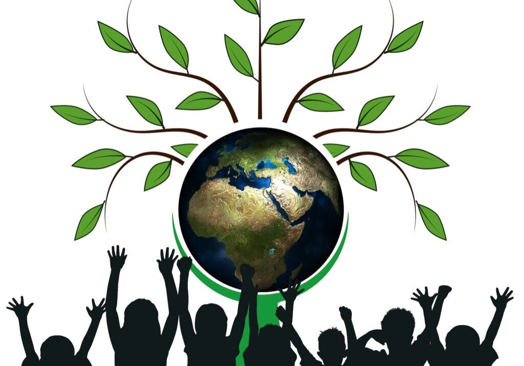 Youth raising arms in hope to an Earth prosperous and green with fresh growth